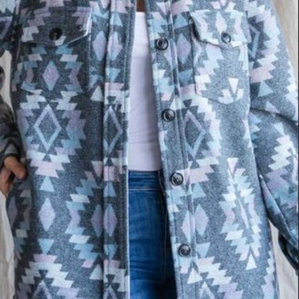 Oversized Jacket Shacket with Pockets Size Large Gray Blue multi New - Picture 12 of 15